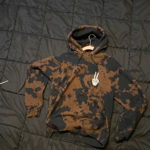 brown and black tie-dyed bowery supply sweatshirt w/ skeleton hand